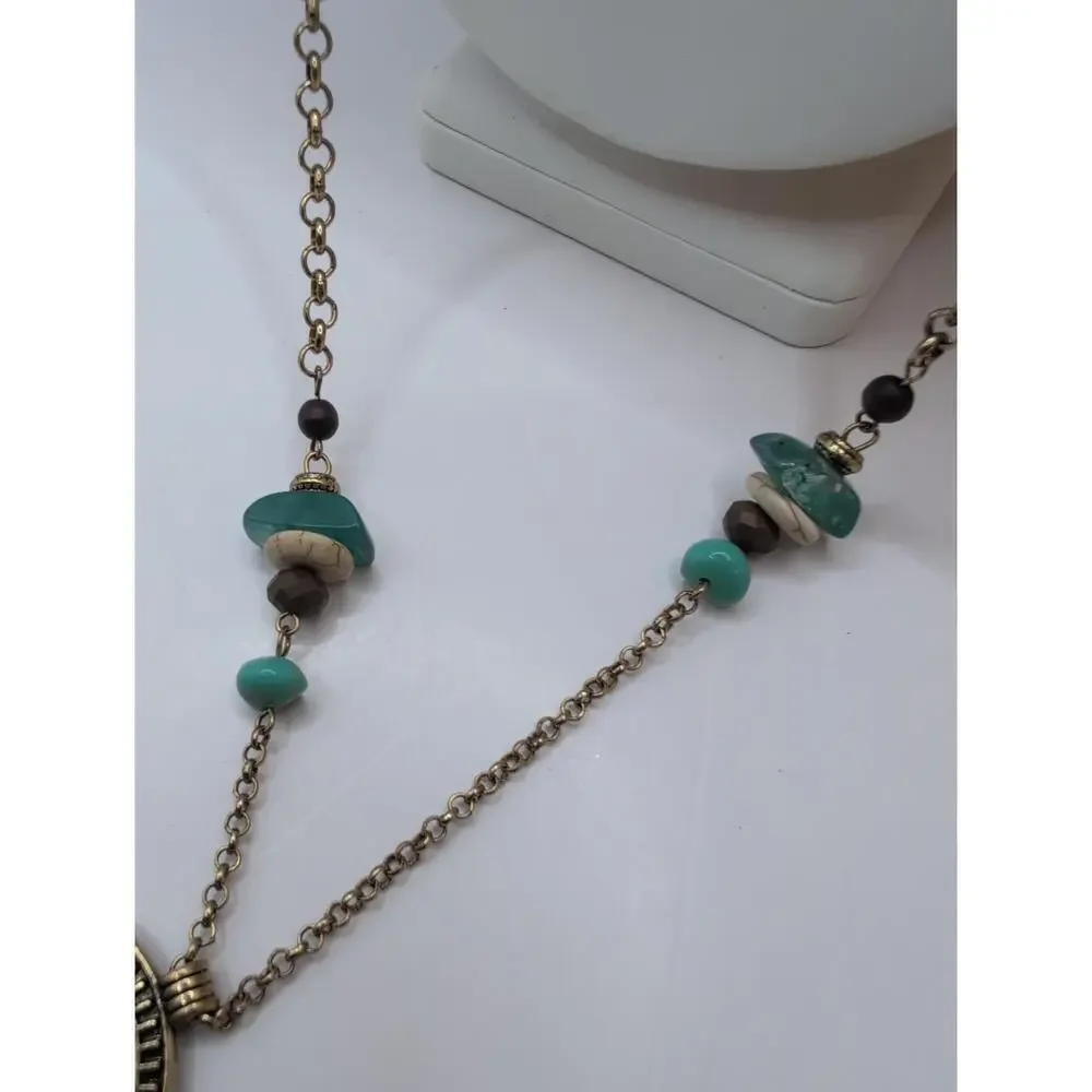 Vintage 1946 Turquoise Fringe Tassel Fabric Charm Beaded Necklace
